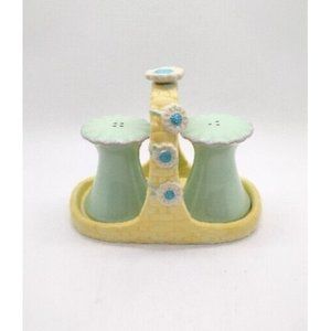 Vintage Russ Berrie Porcelain Floral Salt Pepper Shakers with Holder Retro Green